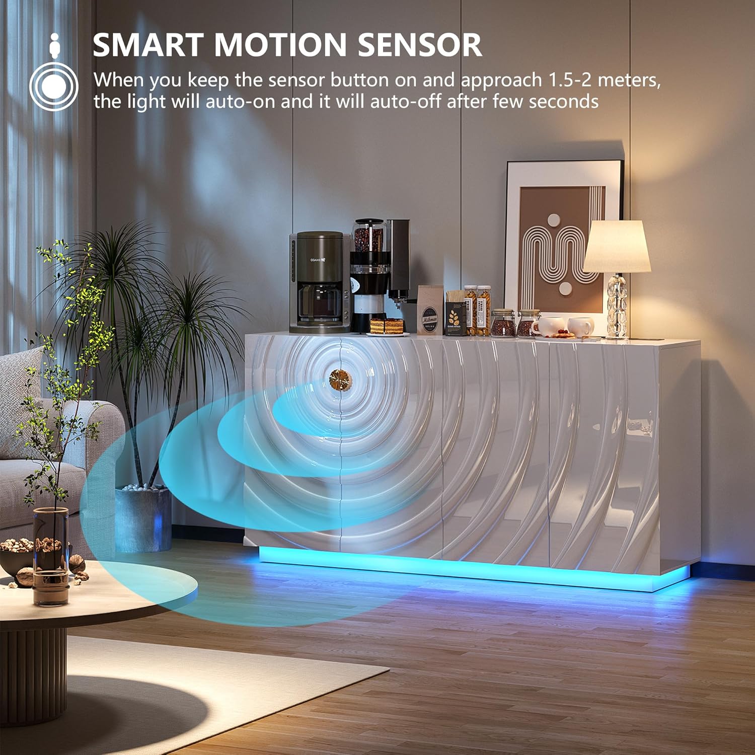 LVSOMT 63" High-Gloss Sideboard Buffet Cabinet with Storage, Large Coffee bar Cabinet with RGB Lights and Power Outlet, Modern Console with 4 Doors for Kitchen and Living Room, White