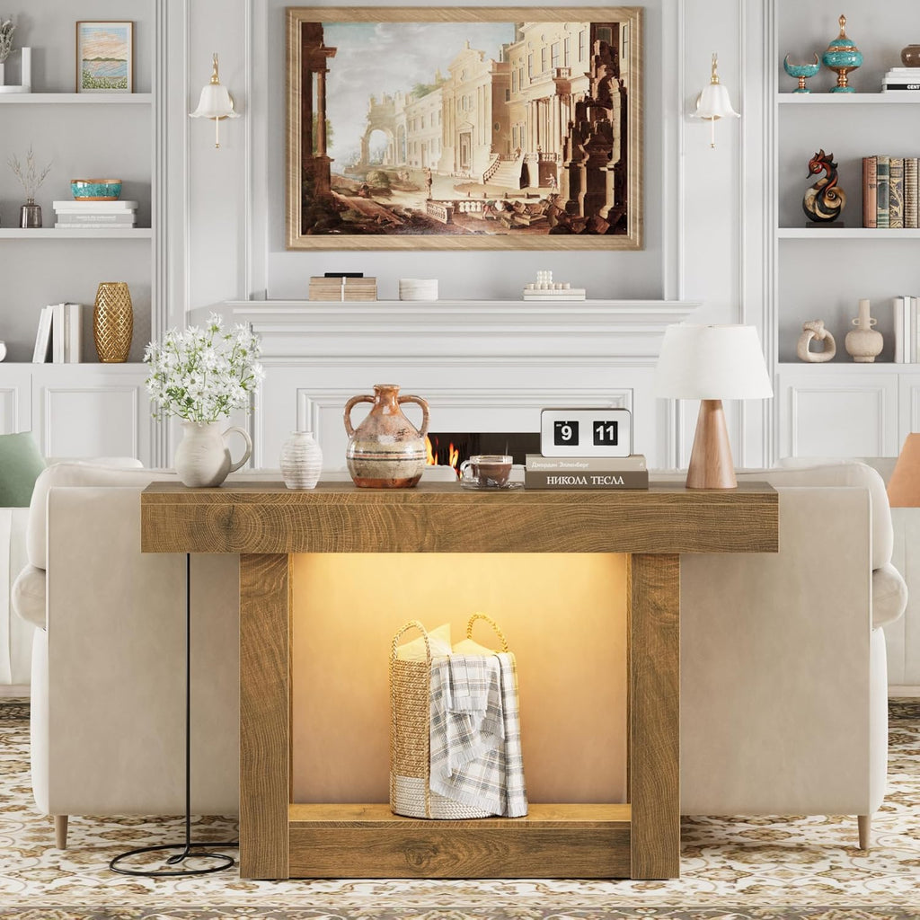 LIFECHOVY 47.2" Entryway Table with Outlet, 2-Tier Narrow Console Table with Sensor Light, Behind the Couch Sofa for Hallway/Living Room/Entrance, Natural Oak