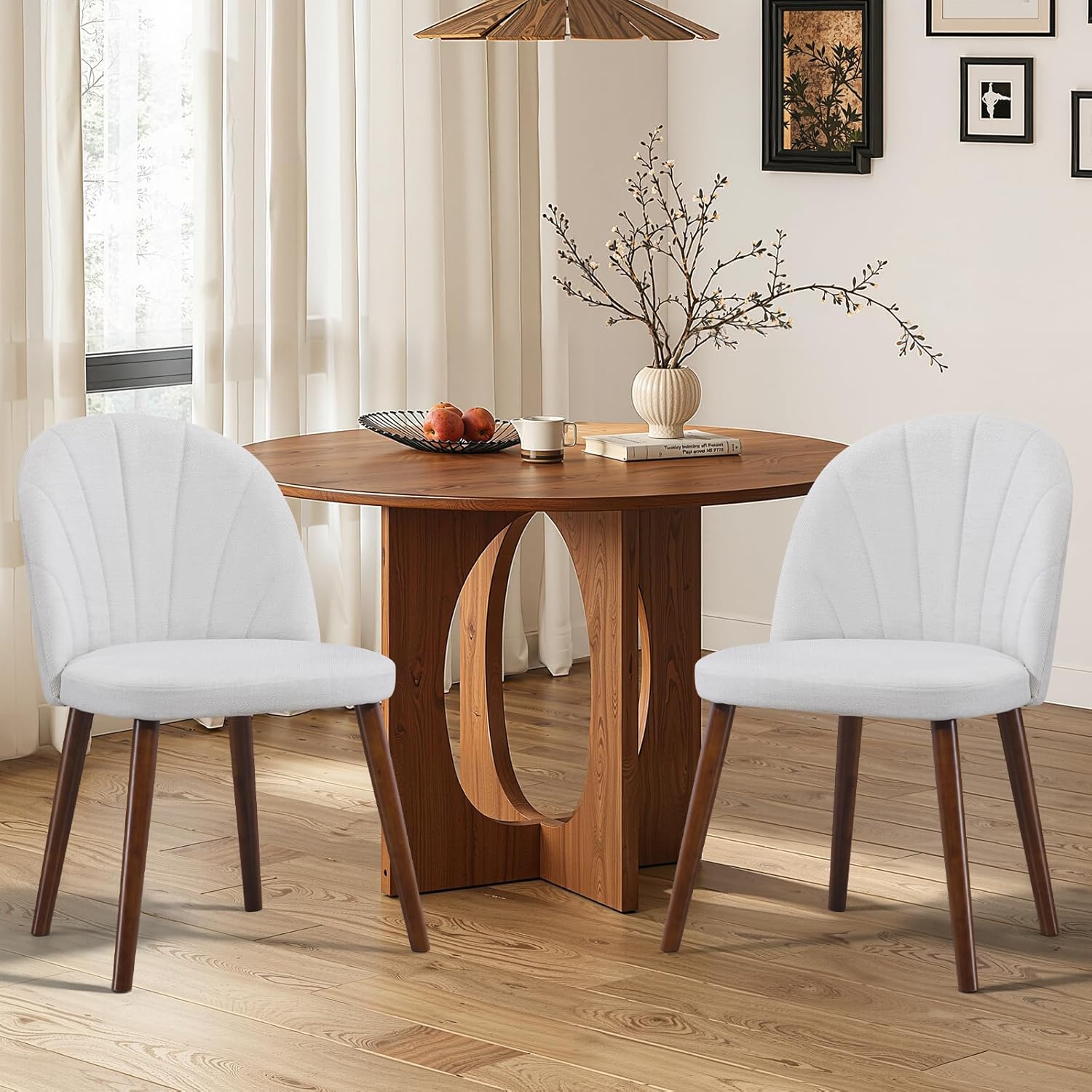 Fabric Dining Chairs Set of 4, Upholstered Mid Century Modern Dining Chairs, Armless Accent Chair with Walnut Wood Legs for Kitchen, Living Room, Dining Room, White
