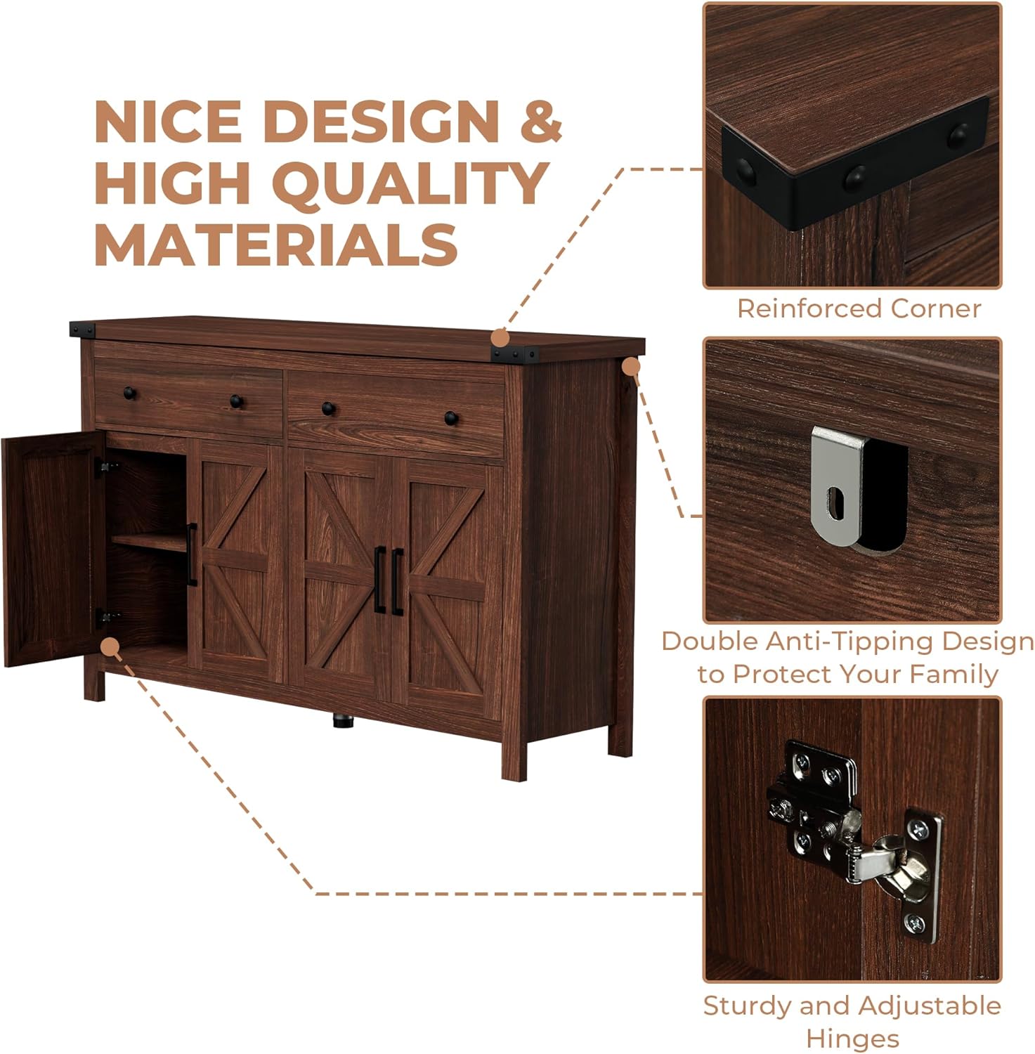 VVFLU Buffet Cabinet with Storage Farmhouse with 4 Doors and 2 Drawers, 55'' Large Kitchen Storage Cabinet Cherry Wood Coffee Bar Buffet Sideboard for Kitchen, Dining Room, Living Room