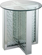 Nysa Modern 21" Round Mirrored End Table with Faux Crystal Inlay, Glam X-Shape Pedestal Side Table, Tempered Glass Top Nightstand for Bedroom, Fully Assembled Accent Table for Living Room