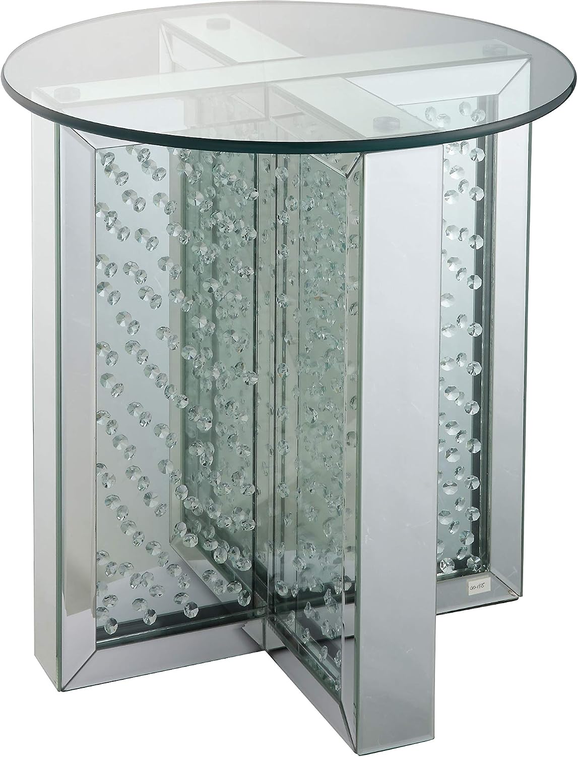 Nysa Modern 21" Round Mirrored End Table with Faux Crystal Inlay, Glam X-Shape Pedestal Side Table, Tempered Glass Top Nightstand for Bedroom, Fully Assembled Accent Table for Living Room