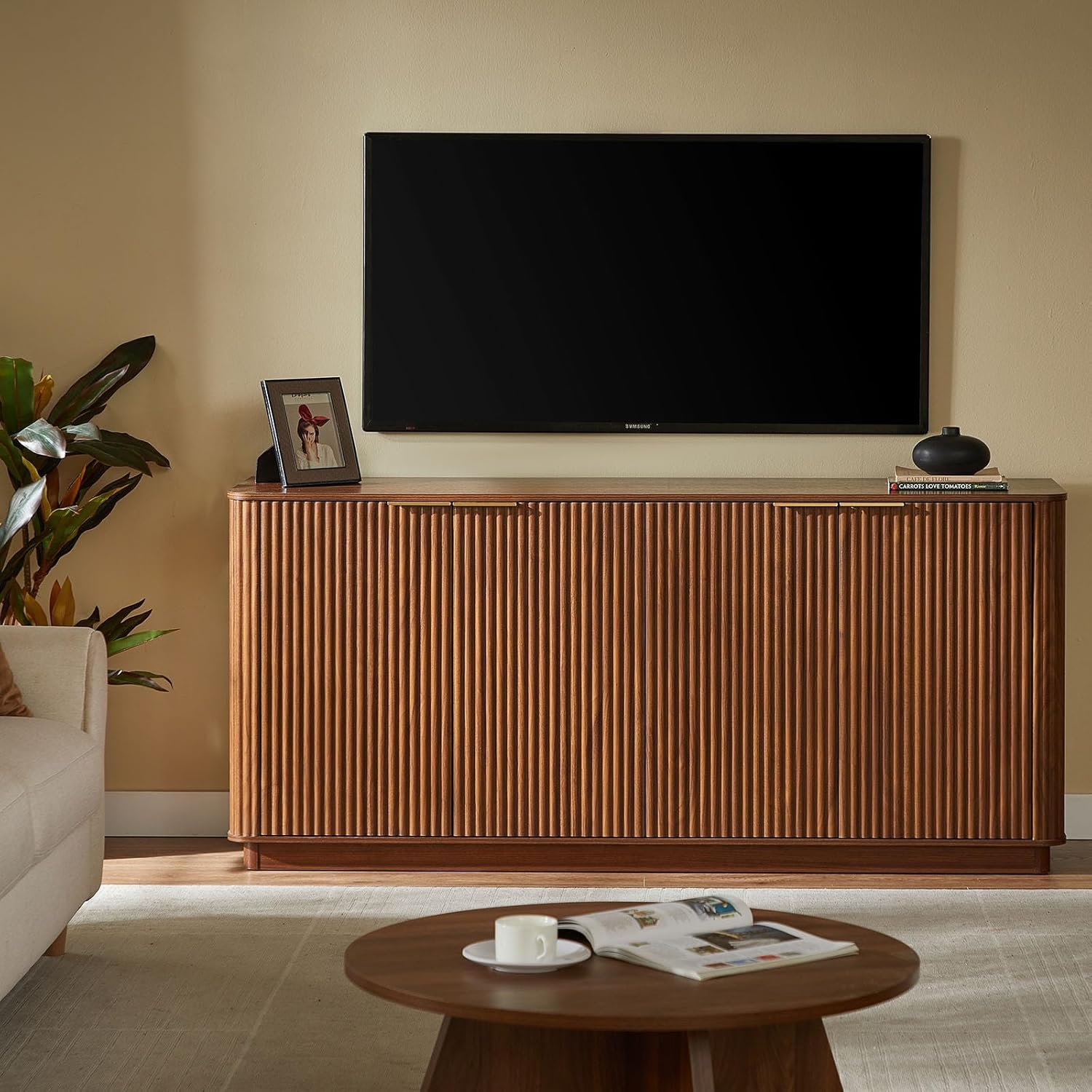 VMU 63" Fluted Sideboard Buffet Cabinet with Storage, Walnut Modern Wood Credenza Media Console with 4 Doors, Mid Century Sideboard for Living Room Kitchen Entryway