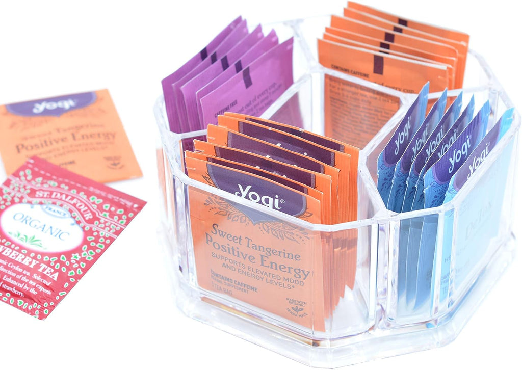 Tea Organizer - Clear Acrylic Tea Bag & Sugar Packet Holder for Pantry, Cabinet, Countertop & Coffee Station