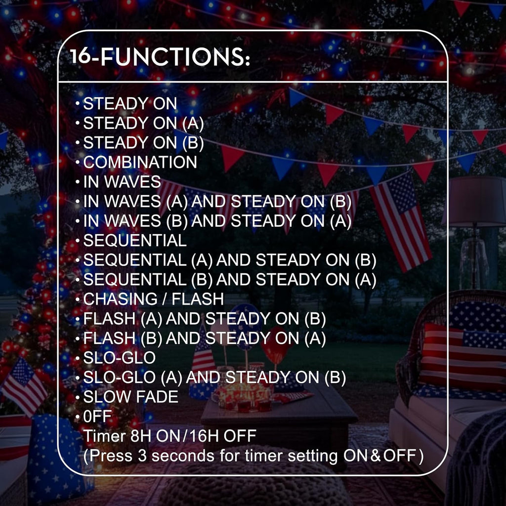 300 LED Patriotic String Lights, Red White & Blue, Clear Wire, Multi-Function, 30V, for Independence Day & Patriotic Decor
