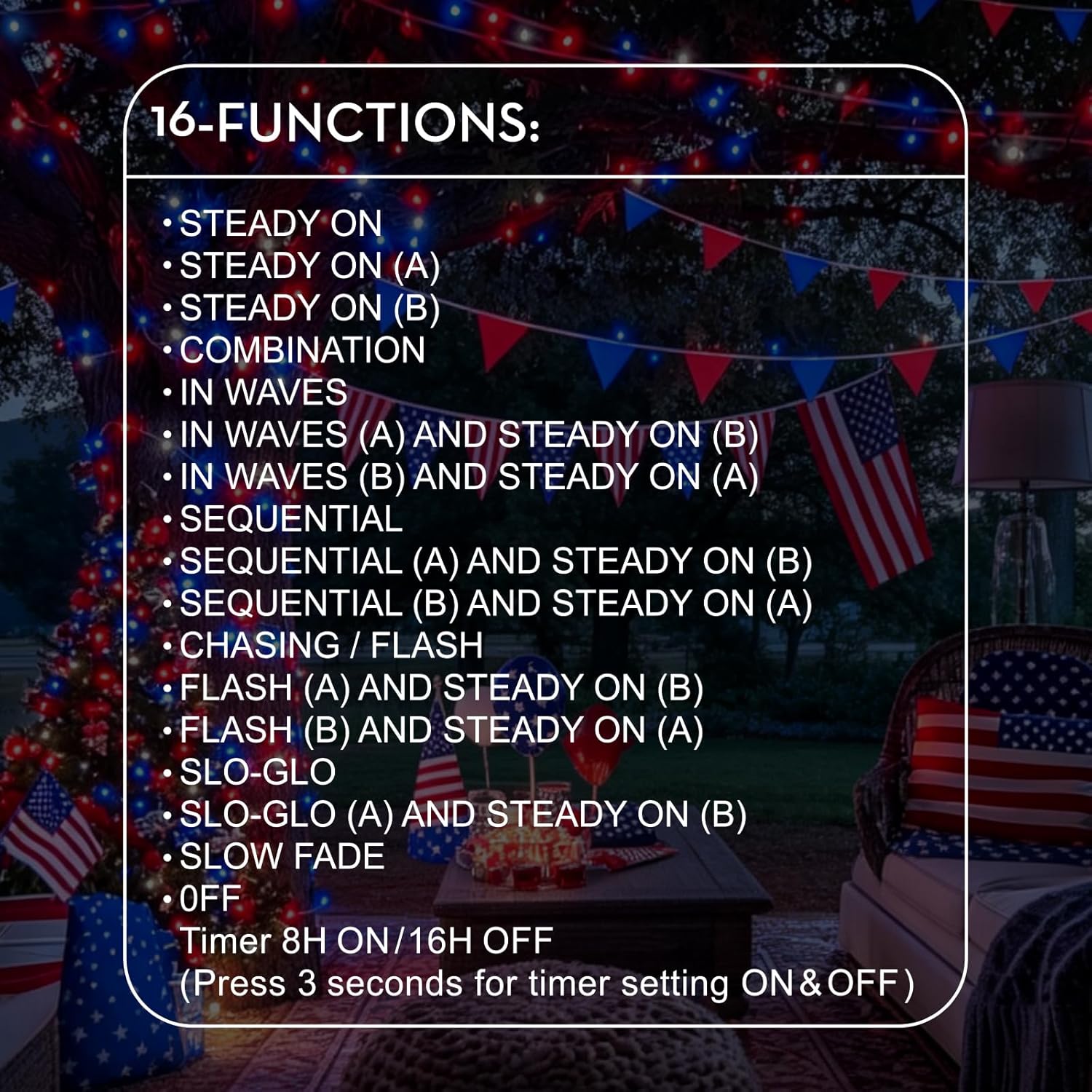 300 LED Patriotic String Lights, Red White & Blue, Clear Wire, Multi-Function, 30V, for Independence Day & Patriotic Decor