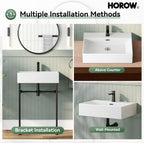 HOROW 24" x 17" Console Bathroom Sink with Stainless Steel Support Pedestal Legs, Free Standing Vanity Basin, Wall-Mount Modern Rectangular Ceramic Sink Porcelain, Matte Black