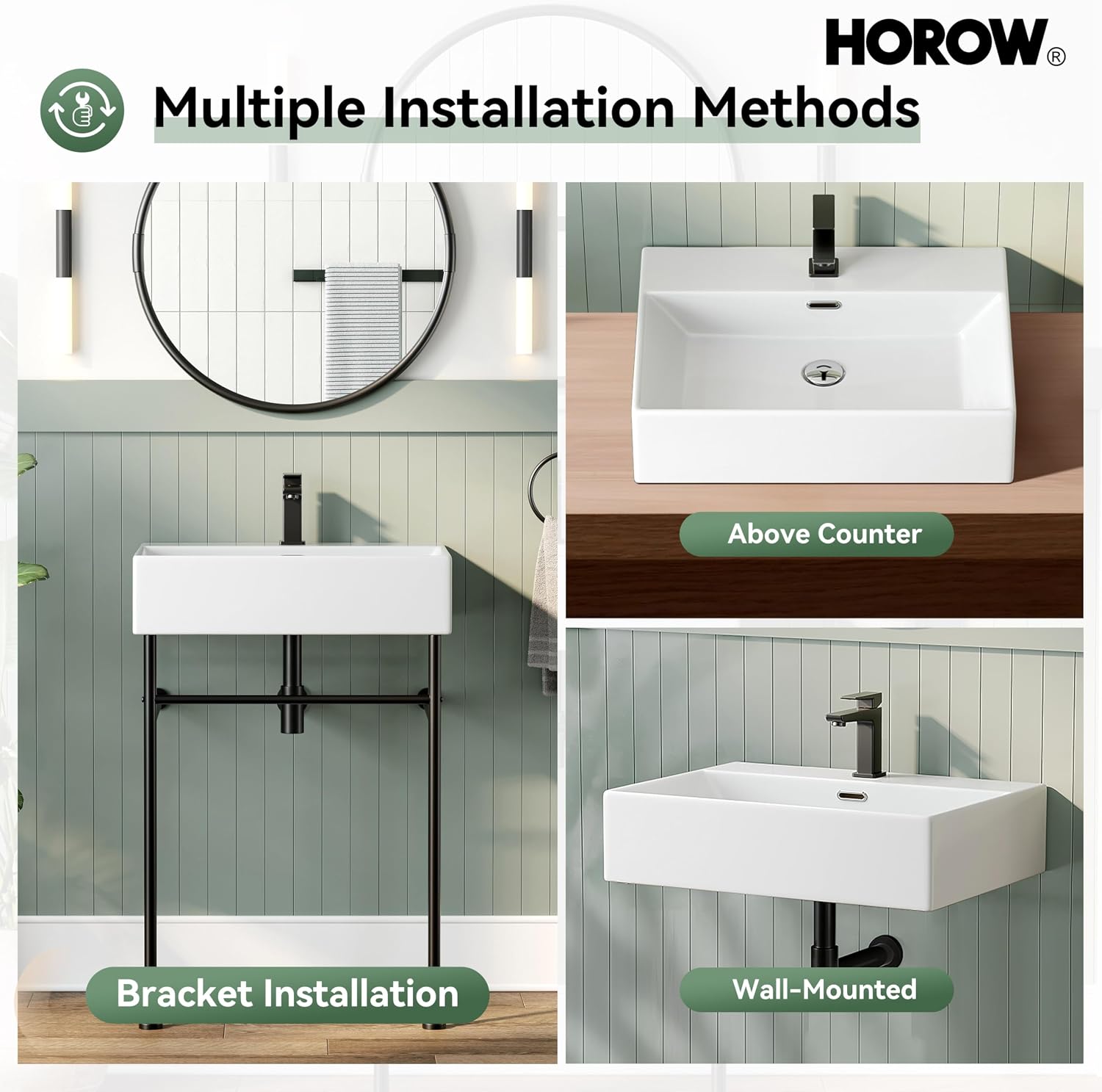 HOROW 24" x 17" Console Bathroom Sink with Stainless Steel Support Pedestal Legs, Free Standing Vanity Basin, Wall-Mount Modern Rectangular Ceramic Sink Porcelain, Matte Black
