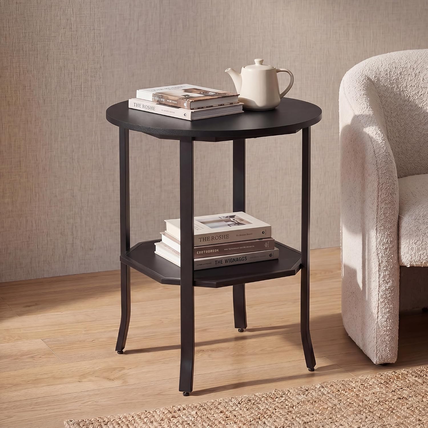 Tangkula 2-Tier Round Side End Table, Small Nightstand with Storage Shelf, Industrial Modern Bedside & Sofa Side Table for Small Space, Bedroom, Living Room, Home Office (2, Black)