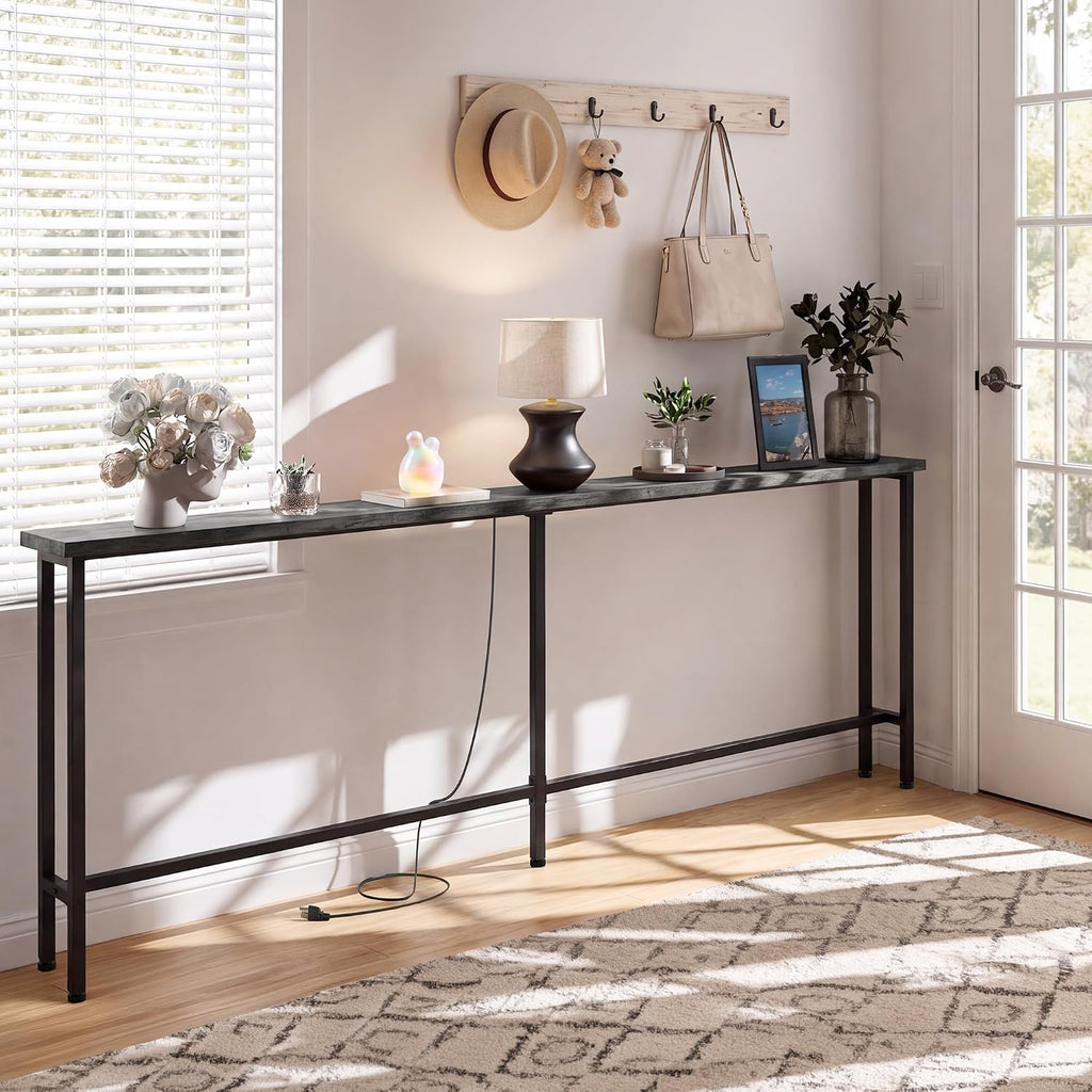 GRLEAF 78" Sofa Table with Built-in Power Strip (2 AC Outlets & 2 USB Ports) – 4.9ft Power Cord, Metal Frame, Easy Assembly, Long Couch Table Behind Sofa, Living Room and Home Office | Charcoal Gray