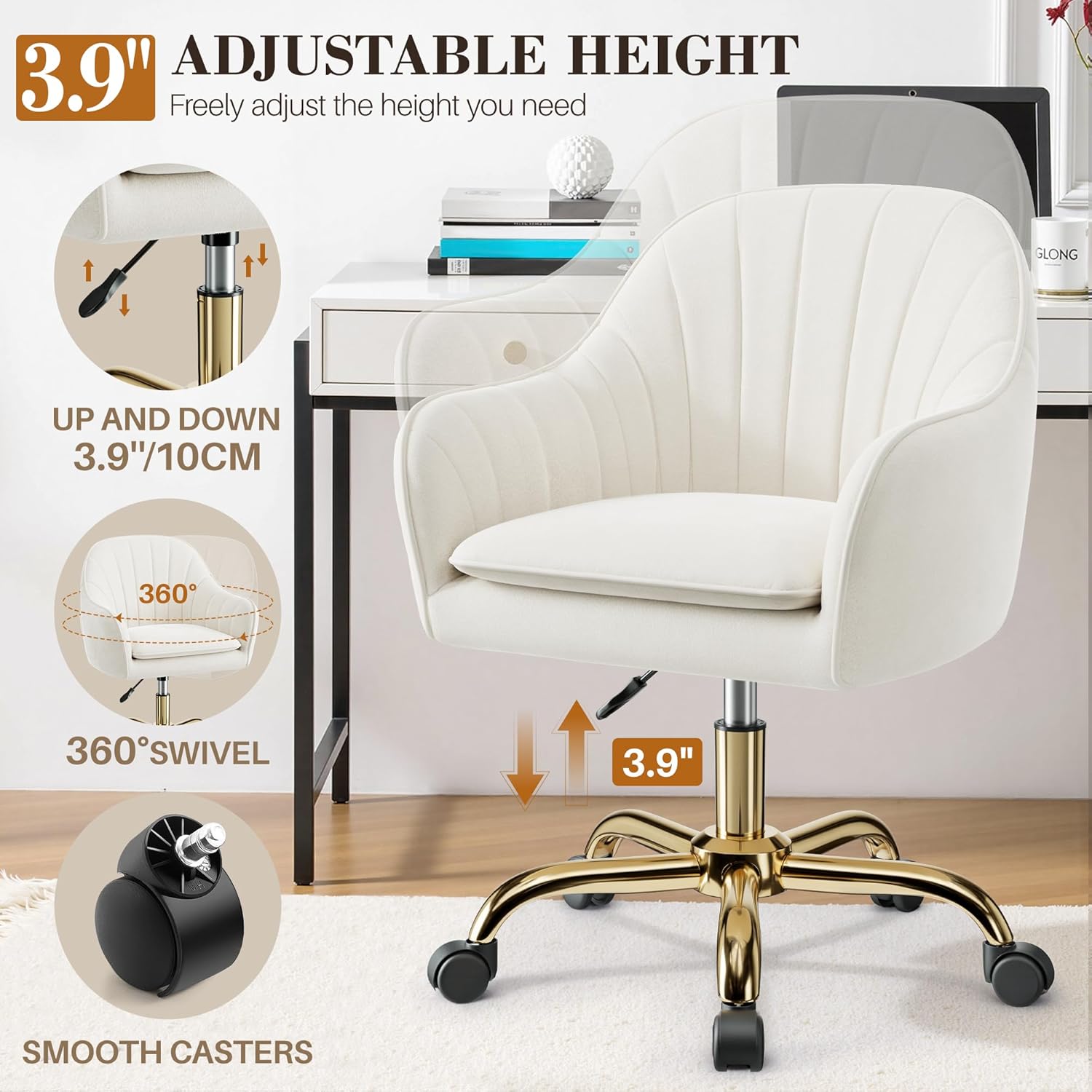Vanity Chair with Wheels, Adjustable Swivel Desk Chair, Velvet Home Office Makeup Chair with Gold Base, Beige