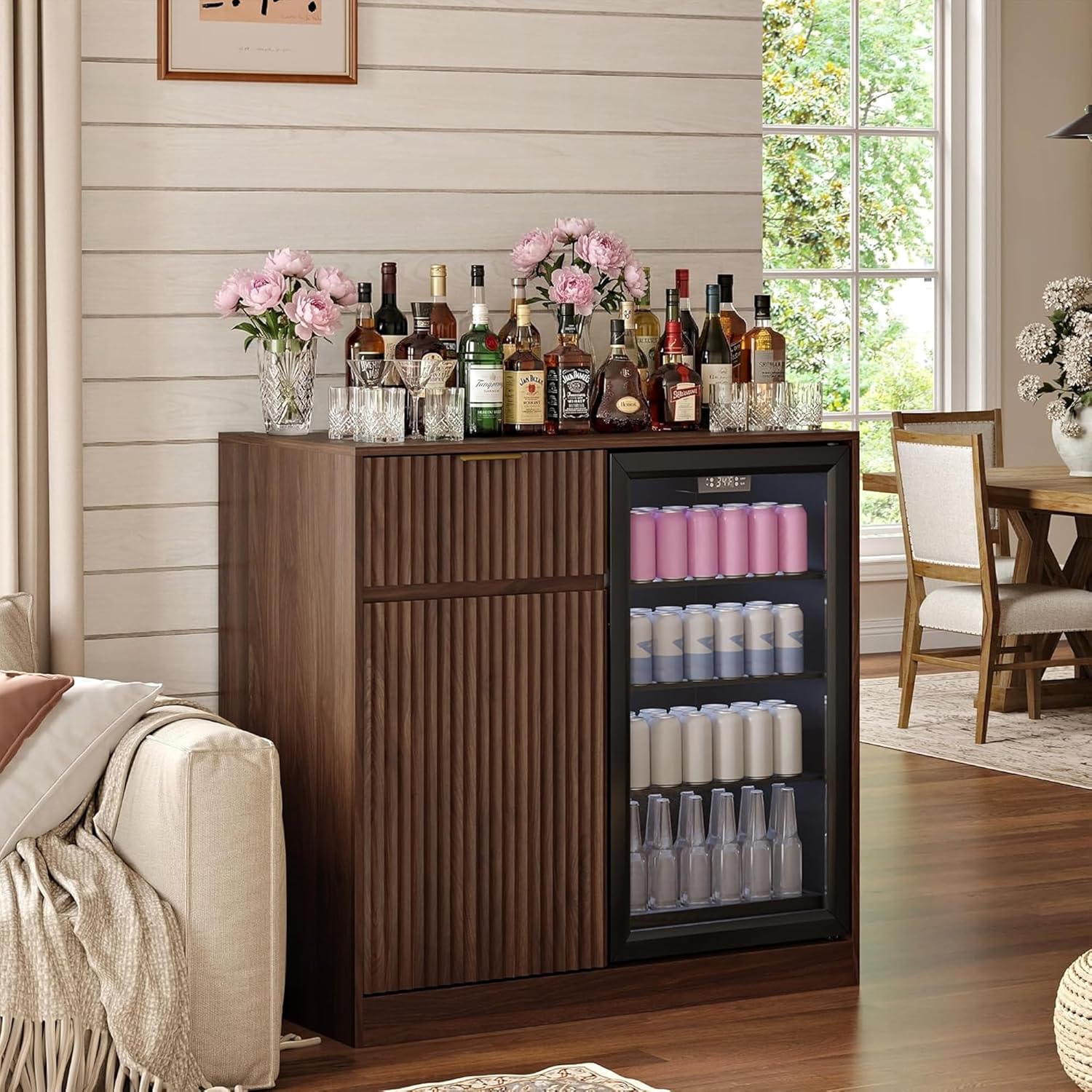 Mini Fridge Cabinet with Power Outlet, Coffee Bar Cabinet with Fridge Space & Wine Glass Rack, Fluted Buffet Sideboard with Drawer & Adjustable Shelf, Home Bar Cabinet for Living, Dining Room Kitchen