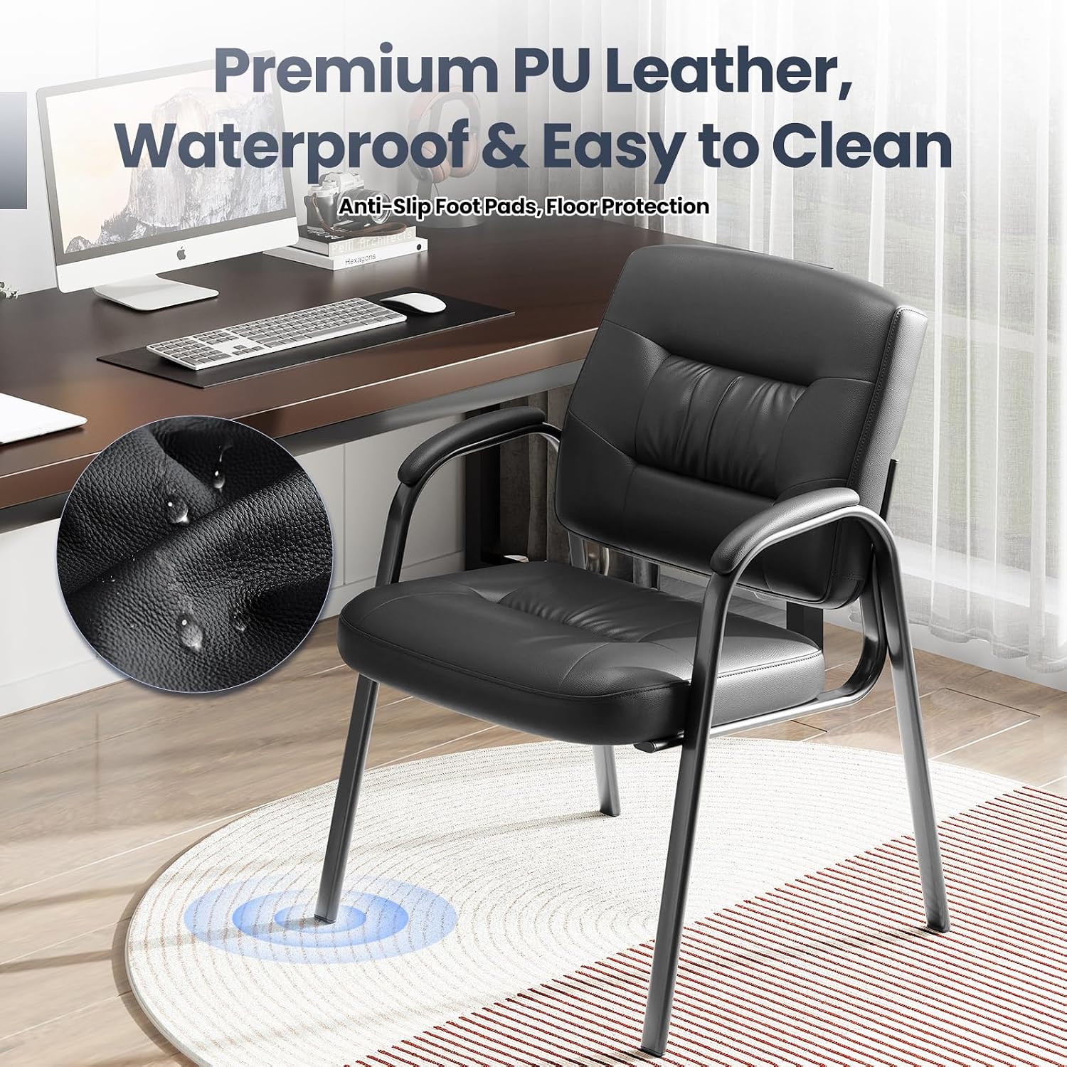 Modern Conference Room Chairs with Arms, PU Leather Padded Guest Chair with Welded Steel Frame, Ergonomic Office Reception Chair, 300LBS, Waterproof & Easy to Clean,Black,Set of 4