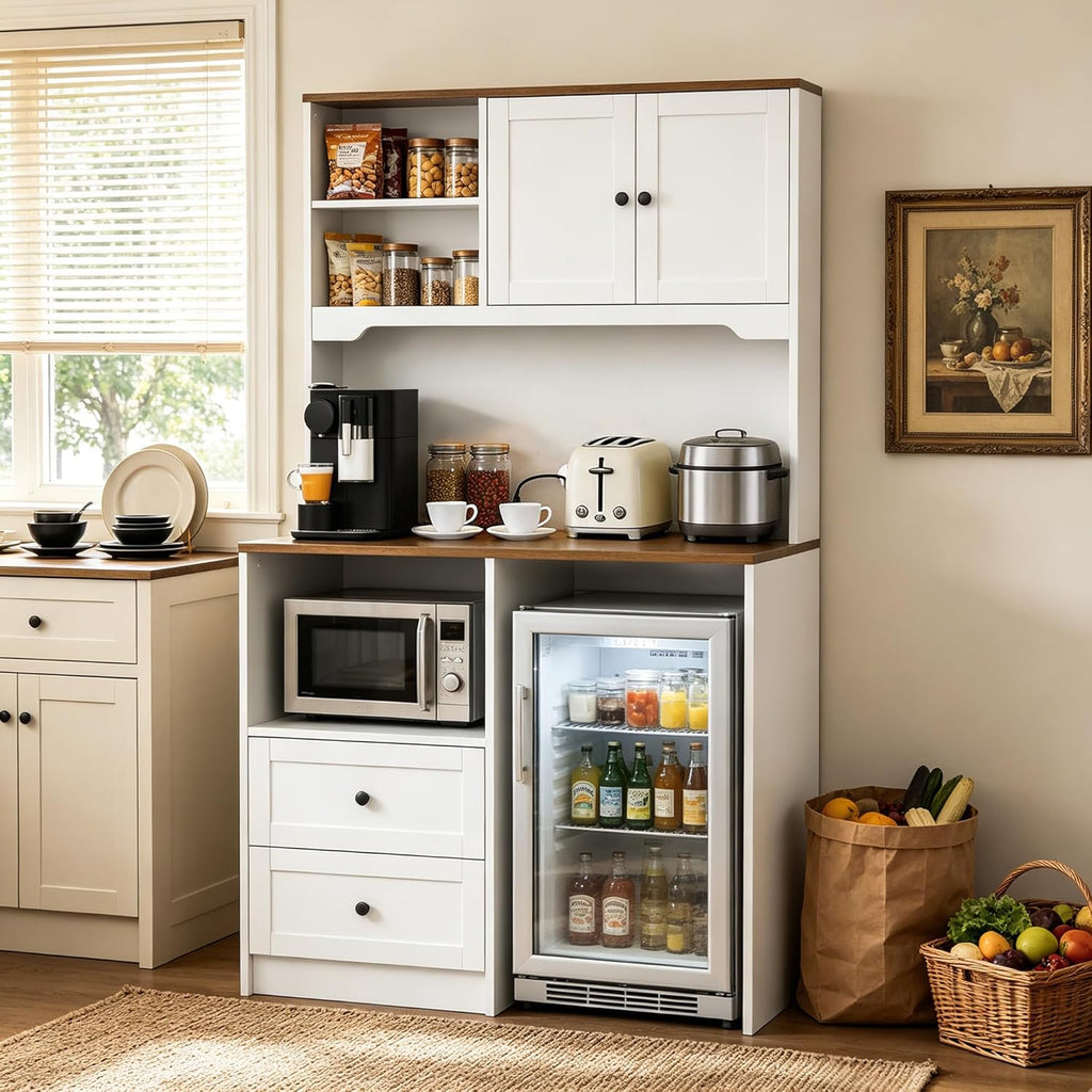 72" Kitchen Pantry Storage Cabinet with Fridge Space, Mini Fridge Cabinet with Charging Station, Large Pantry Cabinet with Drawers, Doors & Shelves, Kitchen Hutch with Microwave Stand, White