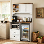 72" Kitchen Pantry Storage Cabinet with Fridge Space, Mini Fridge Cabinet with Charging Station, Large Pantry Cabinet with Drawers, Doors & Shelves, Kitchen Hutch with Microwave Stand, White