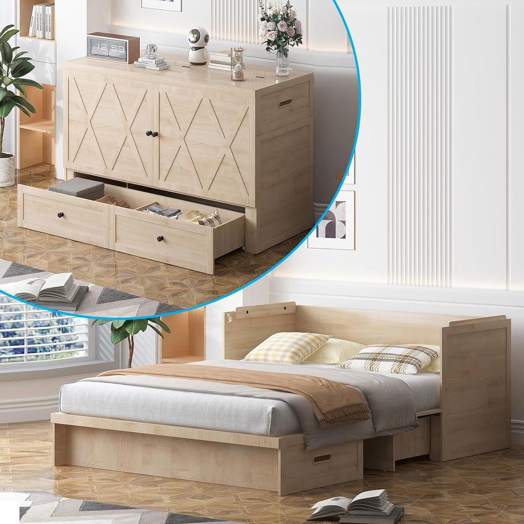 Mjkone Murphy Bed with Tri-Folding Mattress, Queen Hidden Cabinet Bed with Built-in USB Charging Station and 2 Storage Drawers, Foldable Wall Cabinet Beds for Living Room, Natural Wood Color