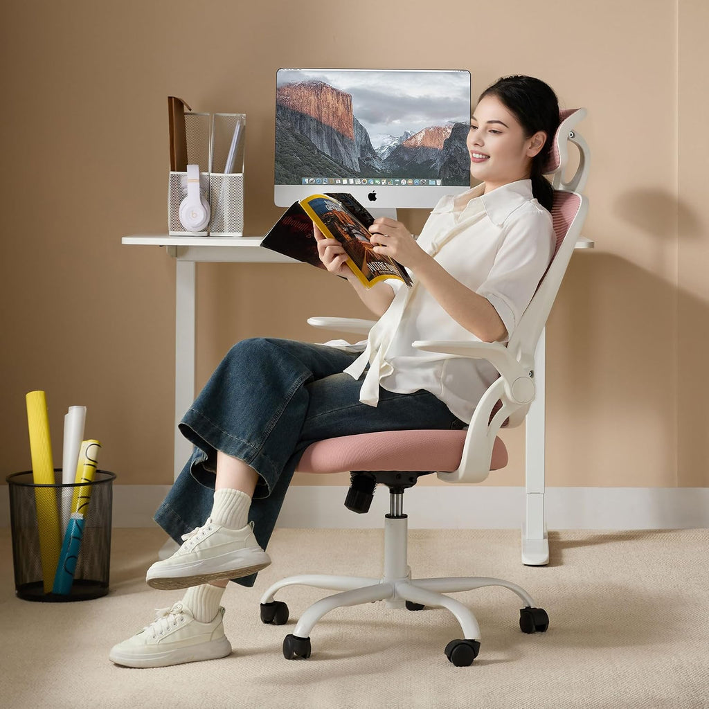 Ergonomic Home Mesh Office Chair-Computer Desk Swivel Reclining Chair with Wheels, Lumbar Support, Comfy Work Gaming Chair for Adults-Adjustable Headrest, Storage Basket for Home Office, Gaming, Pink
