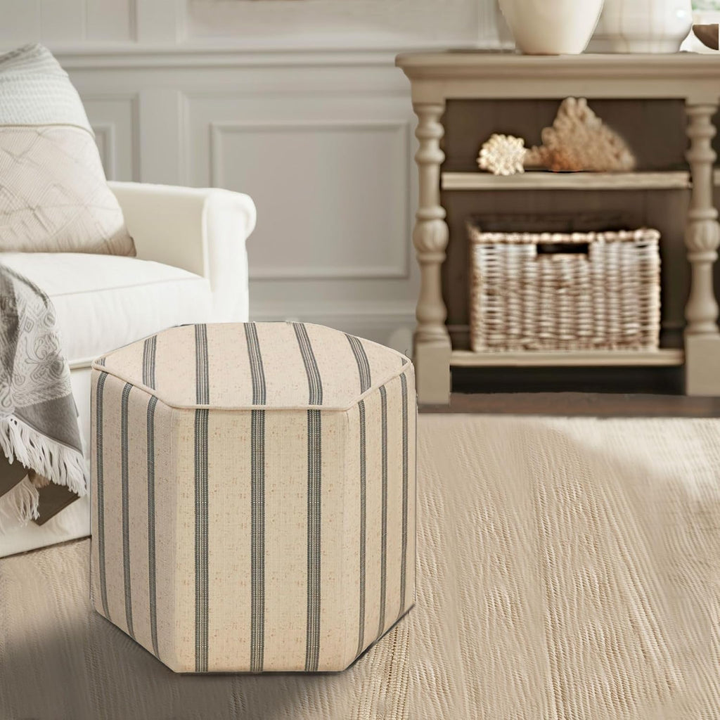 Martha Stewart Ellen Accent Ottoman - Solid Wood Frame, Soft Fabric, Hexagonal Small Stool Chair - Modern Foam Padded Top Footstool Living Room Furniture Natural, 18" W x 18" D x 16" H, Natural