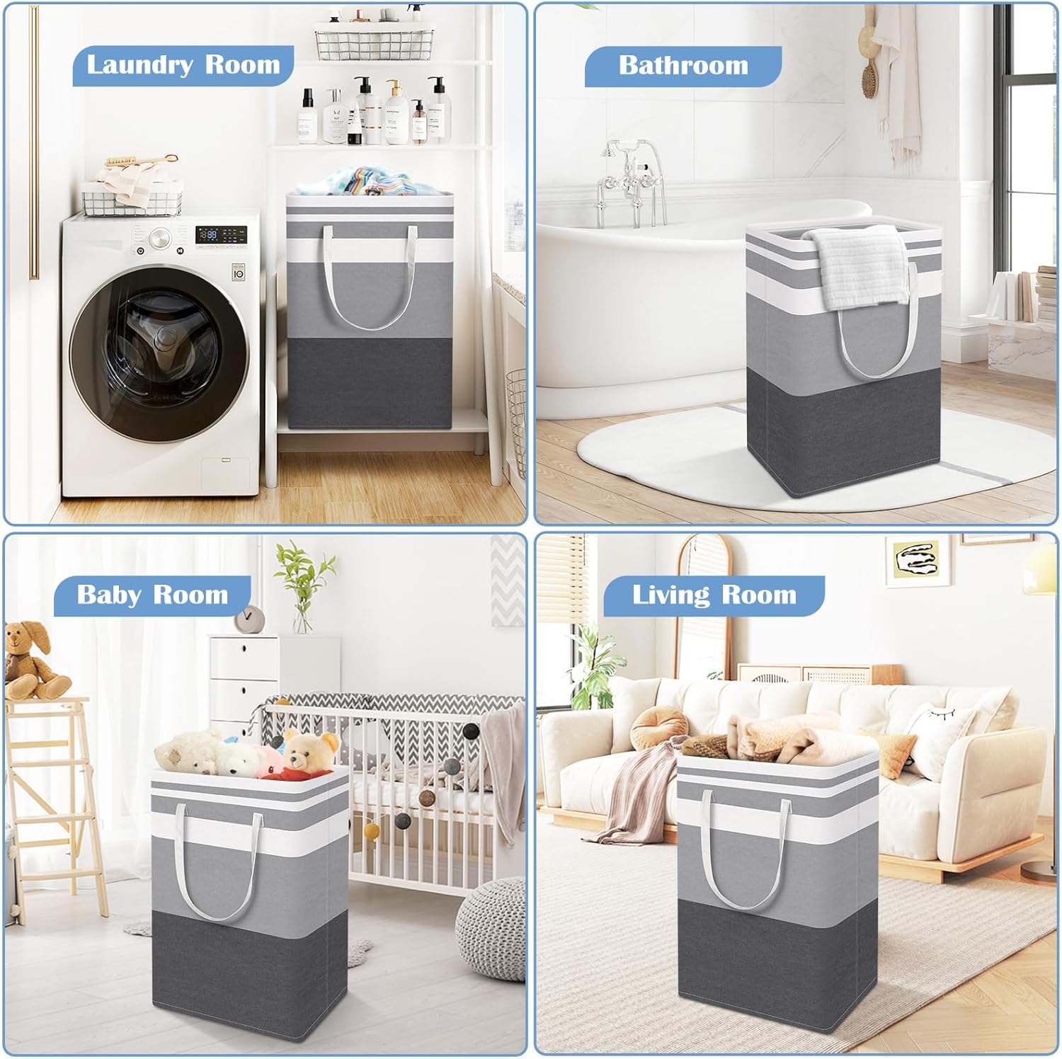 BlissTotes 3-Pack Laundry Basket, Freestanding＆Waterproof Laundry Hamper, Collapsible Tall Clothes Hamper with Easy Carry Handles for Clothes, Towels in the Family and Dorm,Gradient Grey,75L