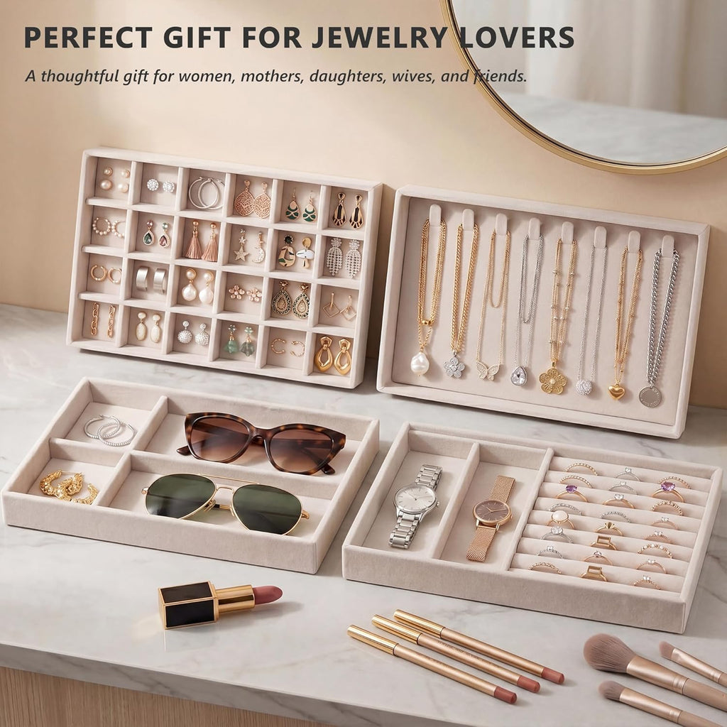 Jewelry Organizer for Drawer, Velvet Jewelry Drawer Organizer Inserts, 4-Layer Beige Stackable Jewelry Trays for Rings Earrings Necklaces Bracelets with Removable Dividers for Dresser Vanity