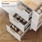 VINGLI Fluted Kitchen Cart with 3 Draws and 2 Doors, White | Drop-leaf Tabletop, Adjuestable Shelves, Towel Bar, 3-tier Side Storage Rack, 360° Rolling Design