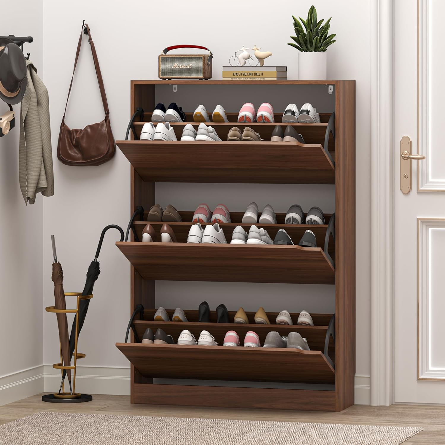 BORNOON Shoe Cabinet with 3 Flip Drawers, Slim Narrow Shoe Storage Cabinet, Freestanding Shoe Organizer with Adjustable & Removable Shelves, Top Display Shelf for Entryway, Hallway, Foyer, Closet