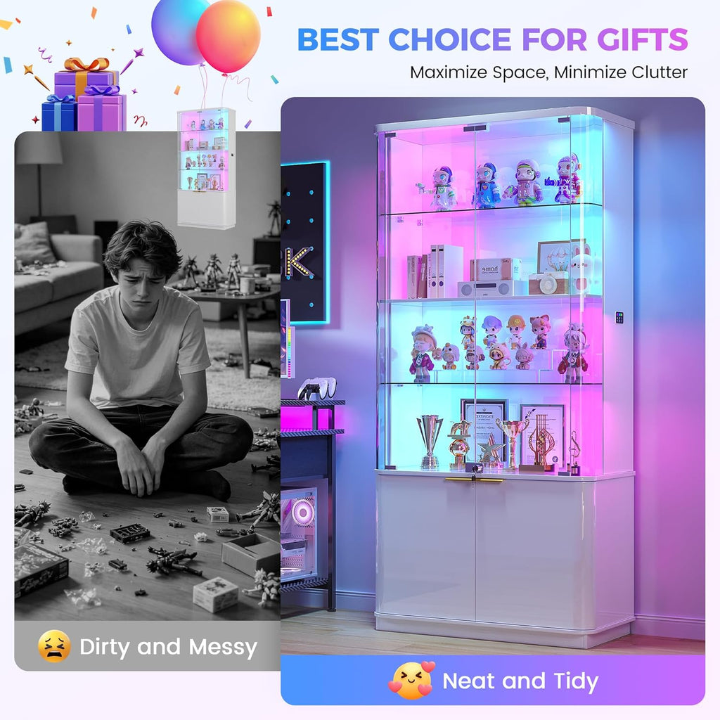 71" Tall RGB Display Cabinet with Glass Door, 6-Tier Rounded Curio Cabinet with Adjustable Shelves for Collectibles, Locking Trophy Display Case with LED Lights for Figures/Helmet/Football, White