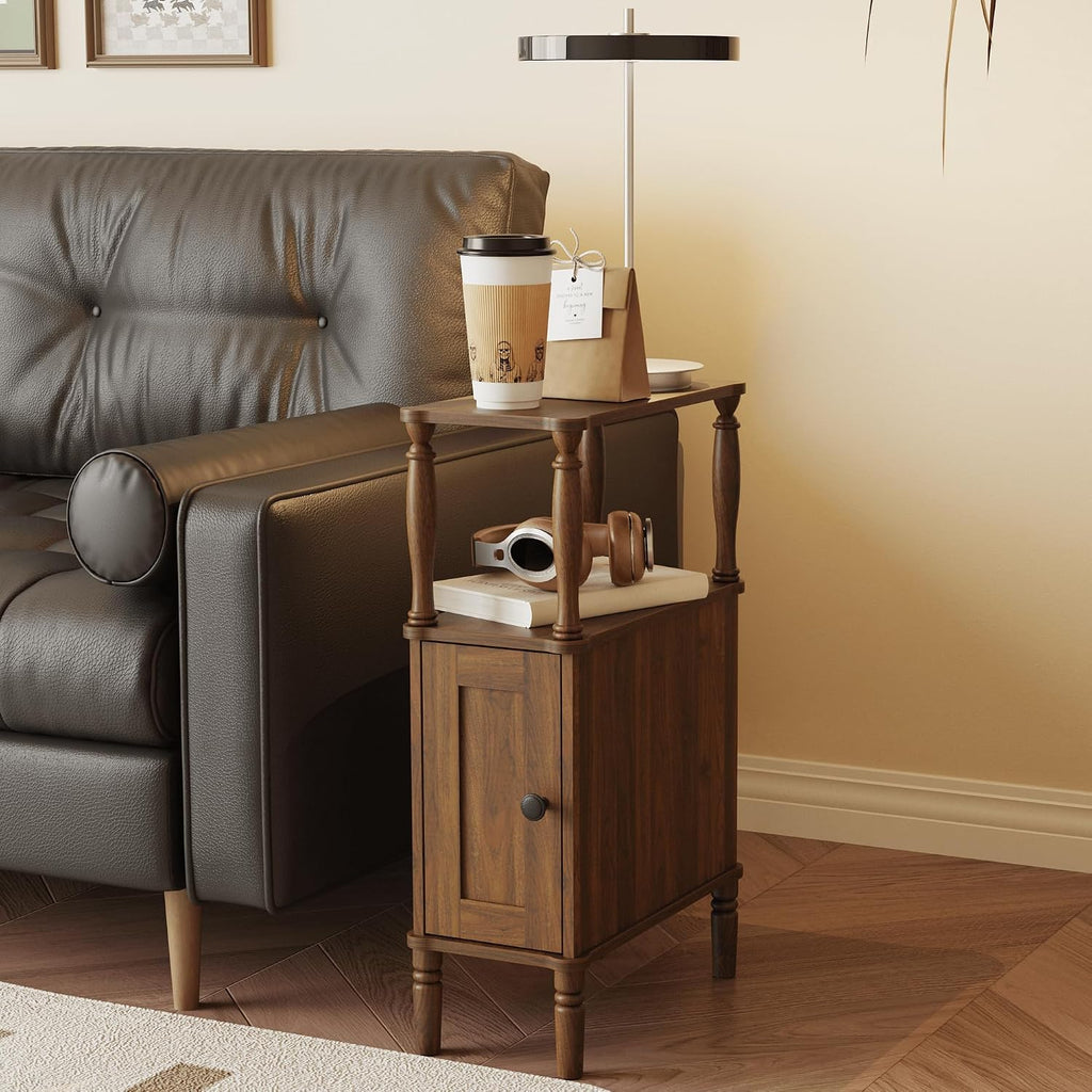 Veegle Narrow Nightstand,Mid-Century Modern Nightstand with Storage, Skinny End Side Table for Bedroom and Living Room(Walnut Brown)