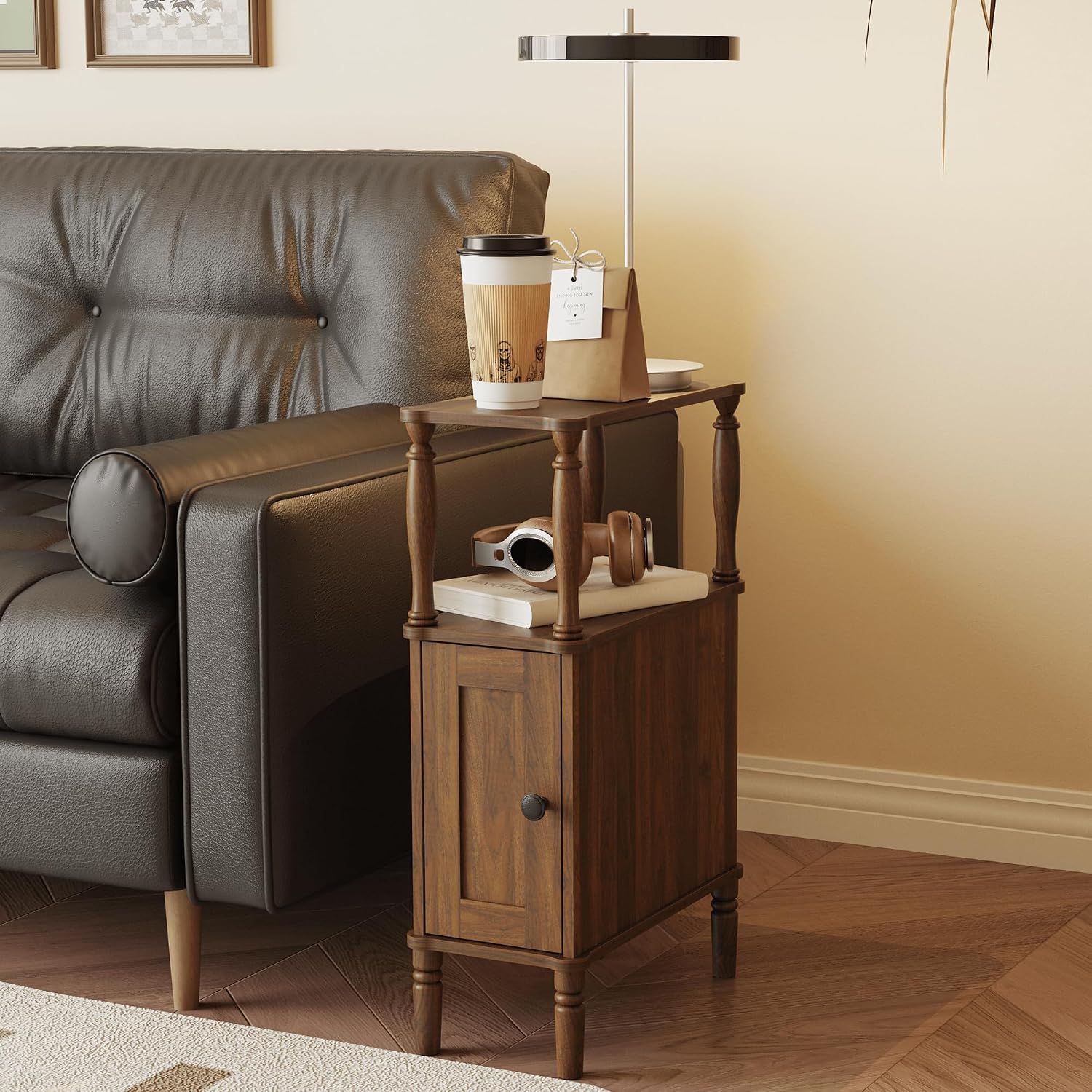 Veegle Narrow Nightstand,Mid-Century Modern Nightstand with Storage, Skinny End Side Table for Bedroom and Living Room(Walnut Brown)