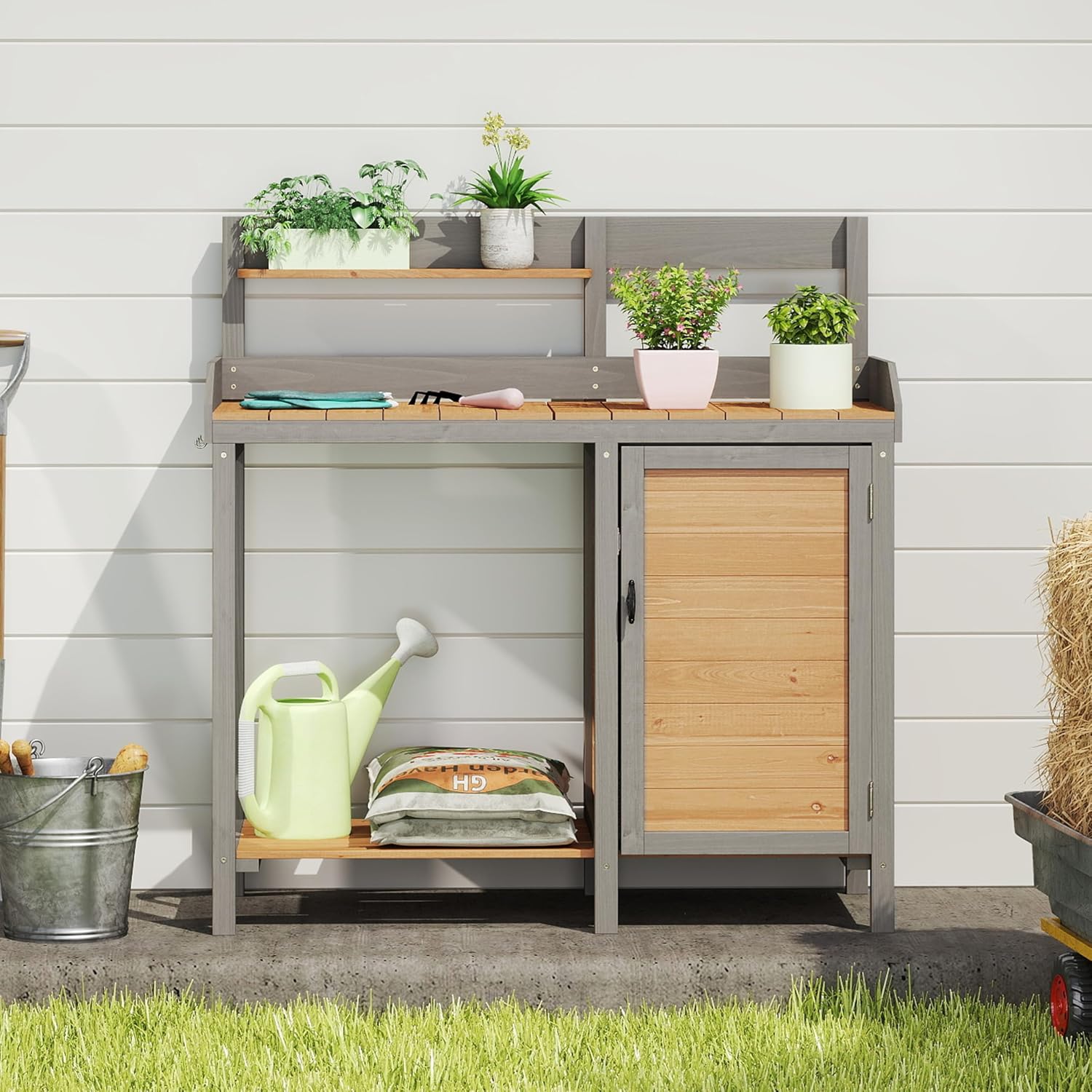 Outdoor Wooden Potting Bench Table with Sink, Garden Table Work Bench with Storage, Workstation for Outside Patio Lawn