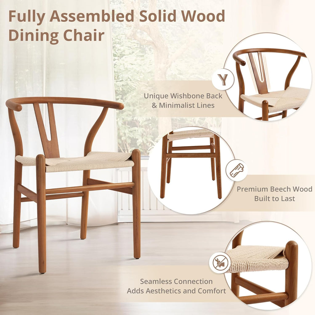 LUE BONA Solid Wood Wishbone Dining Chair Set of 6, Mid Century Modern Y-Shaped Backrest Dining Room Chairs, Fully Assembled Handwoven Seat, Light Brown