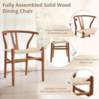 LUE BONA Solid Wood Wishbone Dining Chair Set of 2, Mid Century Modern Y-Shaped Backrest Dining Room Chairs, Fully Assembled Handwoven Seat, Light Brown