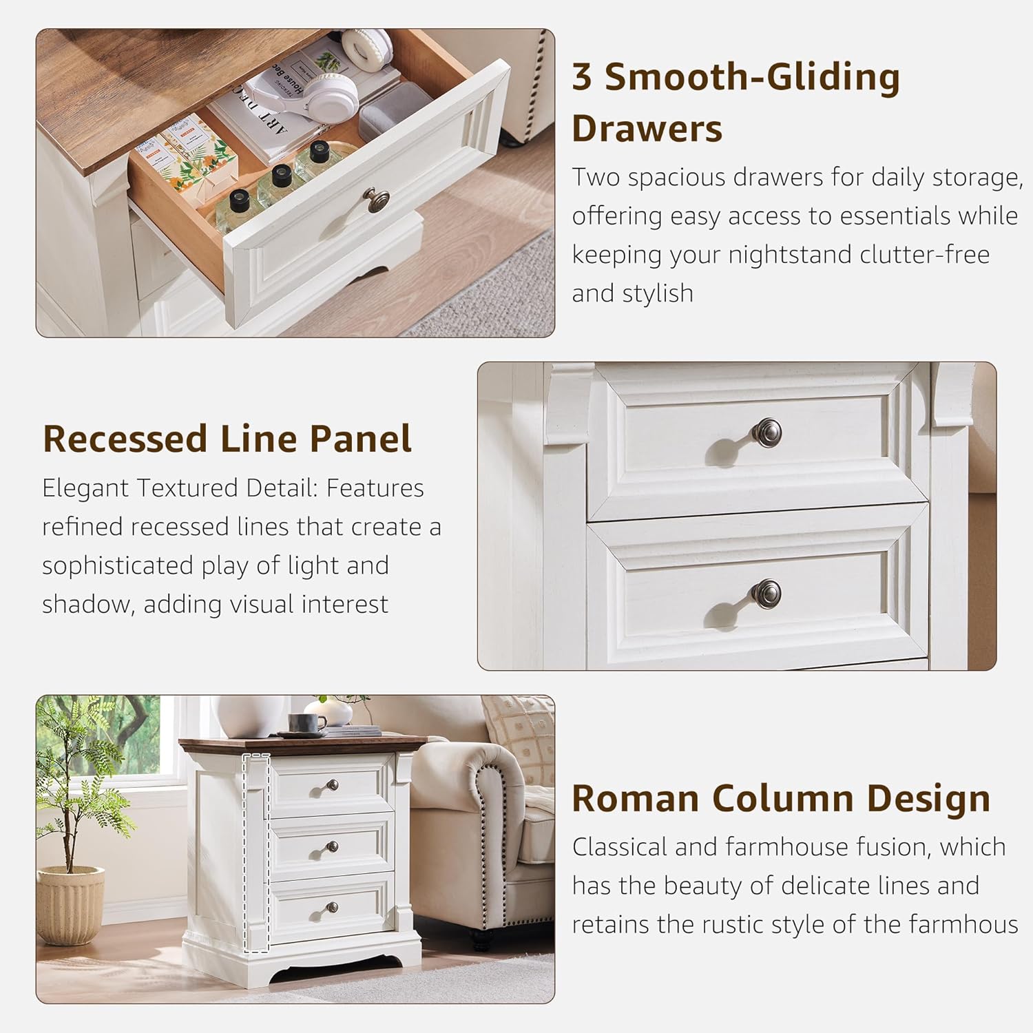 Farmhouse 26"H Nightstand Set of 2, 23.6"W End Table with Charging Station | 3 Drawers Storage, Wood Side Table w/Roman Column, Bedside Cabinet for Bedroom, Living Room, Antique White