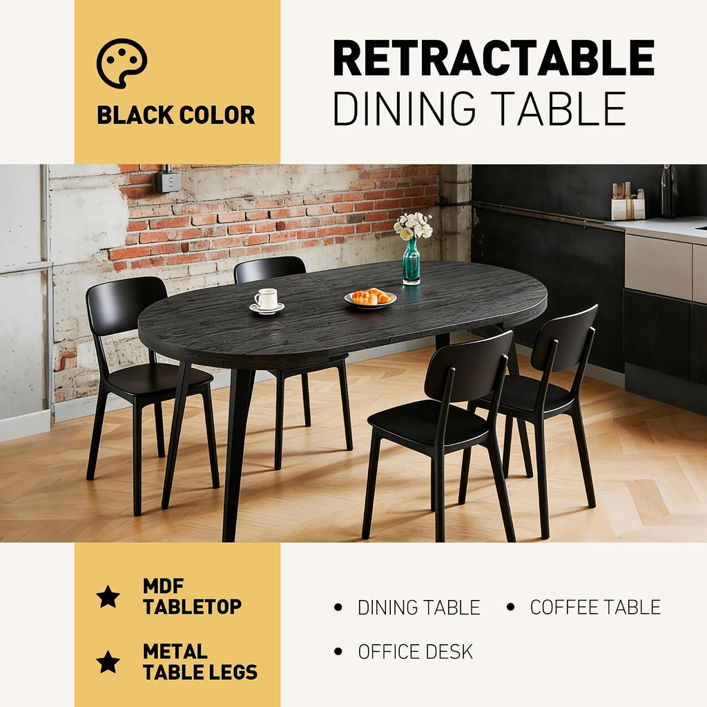 Extendable Black Table - Multifunctional Dining Desk, Office Workstation & Modern Coffee Table with Metal Legs, Adjustable 3-Size Conference Table for Home Kitchen Living Room