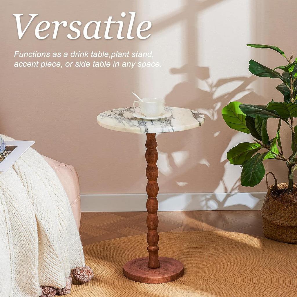 Marble Side Table, Round End Table with Faux Marble Top and Solid Wood Legs, Modern Accent Table for Living Room, Bedroom, Small Spaces and Office (Travertine, Small)