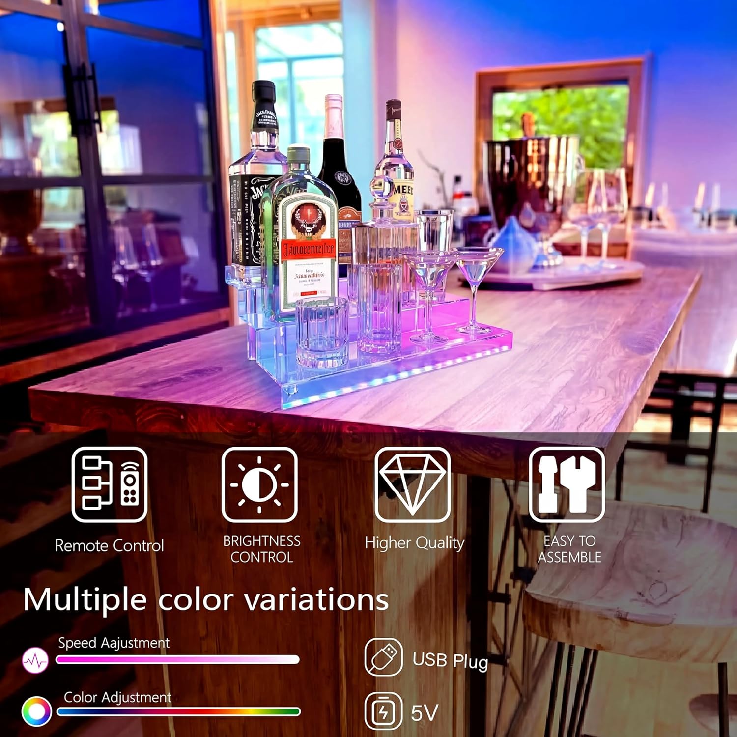 YMVV LED Lighted Liquor Bottle Acrylic Display, 3 Tiers 15.7 Inch LED Liquor Shelves with RF Remote, Liquor Bottle Accessories Shelf for Home Bar
