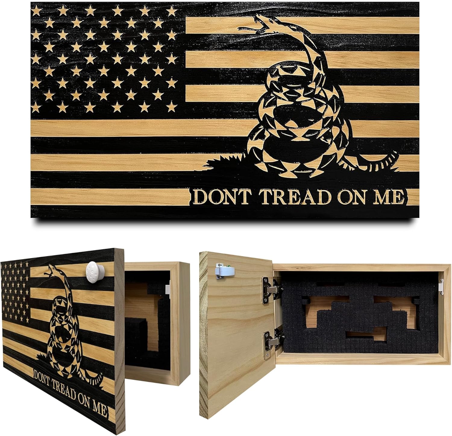 Bellewood Designs Hidden Gun Shelf - Dont Tread on Me Concealment Shelf - Quick Access Patriotic Hidden Gun Storage with Magnetic Lock - Safe & Secure Gun Concealment Furniture - Made in USA