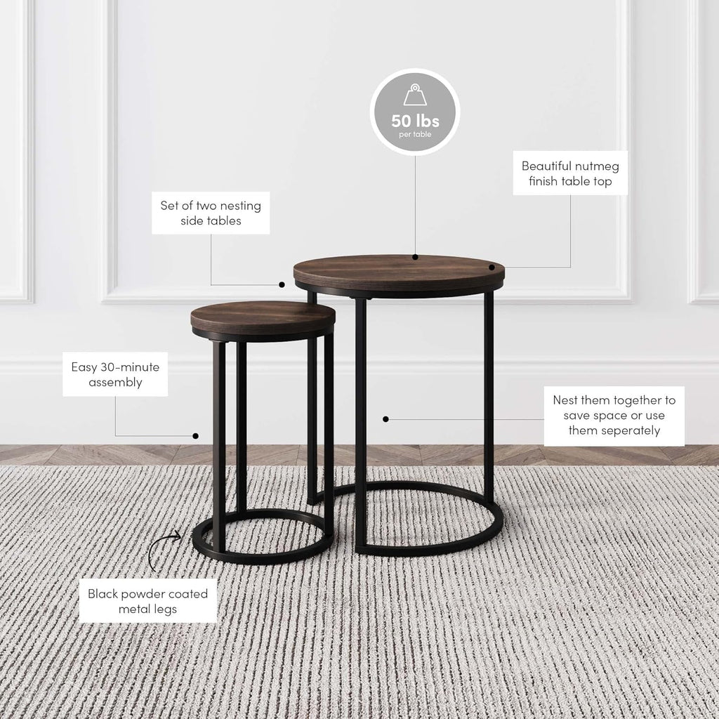 Nathan James Lula Nesting Round Side Set of 2, Accent End Table for Living Room with Wood or Marble Finish Tabletop and Metal Base, Nutmeg/Black