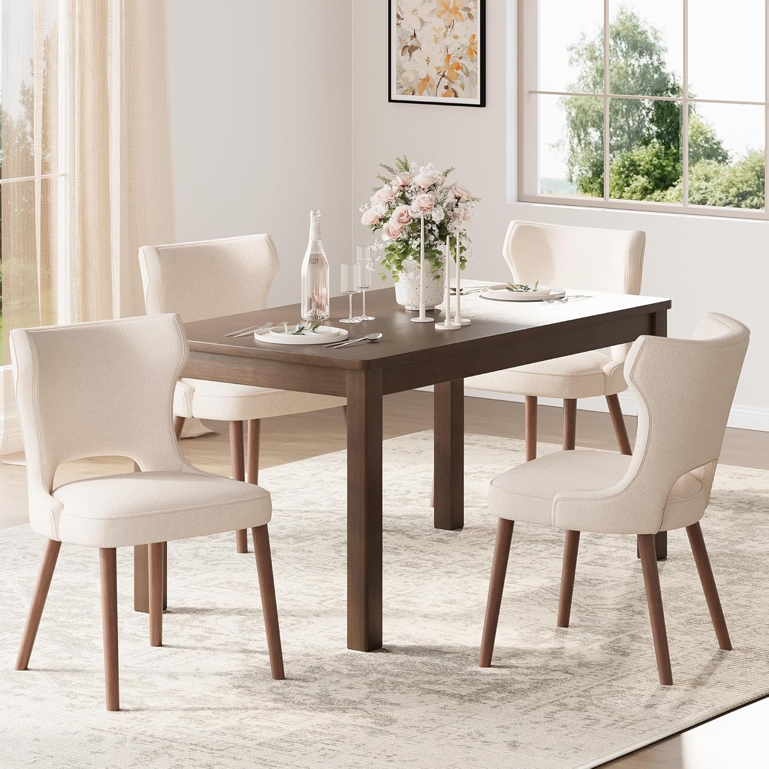 Wooden Dining Chairs Set of 4, Farmhouse Dining Room Chairs with Solid Wood Legs, Mid Century Fabric Kitchen Chairs, Upholstered Chair for Restaurant & Cafe- Beige