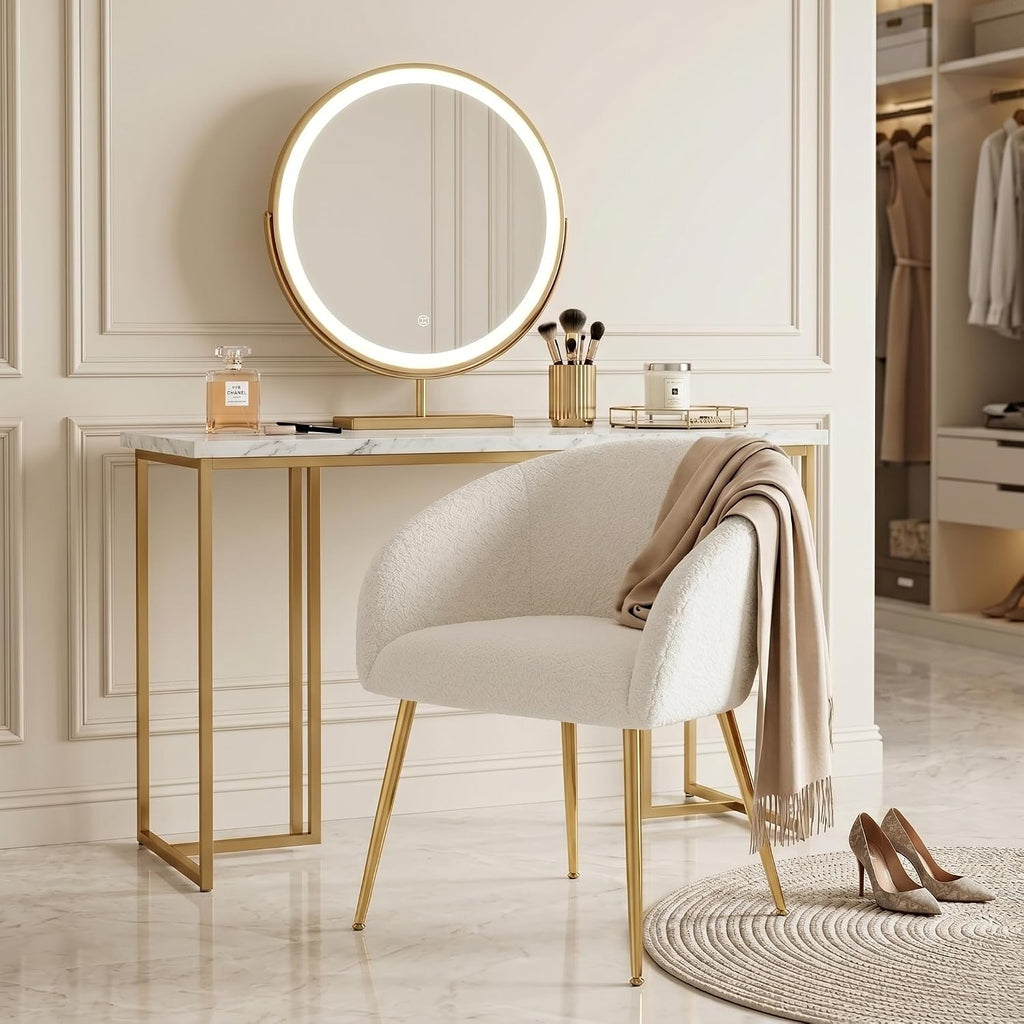 Modern Vanity Chair, Living Room Chair with Metal Legs,Teddy Fabric Dining Chair, Comfy Accent Chair for Makeup Room, Waiting Room, Dressing Room, Bedroom, Dining Room, Home Office (1, White)