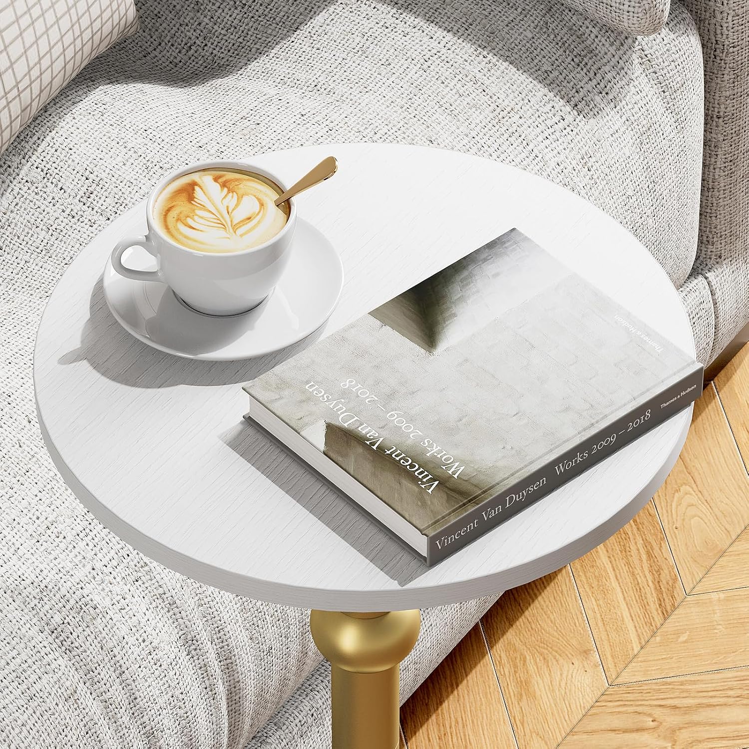 Drink Table, Small Round Side Table for Small Spaces, Modern Accent Round End Tables with Metal Leg, Thickened Wood Pedestal Coffee Tables for Living Room, Bedroom, Narrow Corners,Sofa Couch