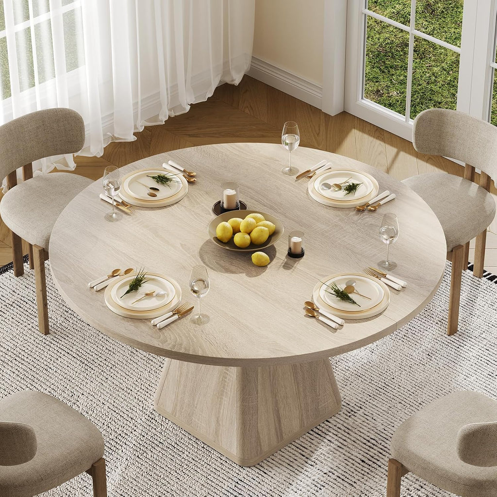 47 Inch Round Dining Table for 4-6, Circle Kitchen Table with Thickened Tabletop, Modern Dining Room Tables with Square Pedestal Base, Dinner Tables for Kitchen Small Space, Oak (Table Only)