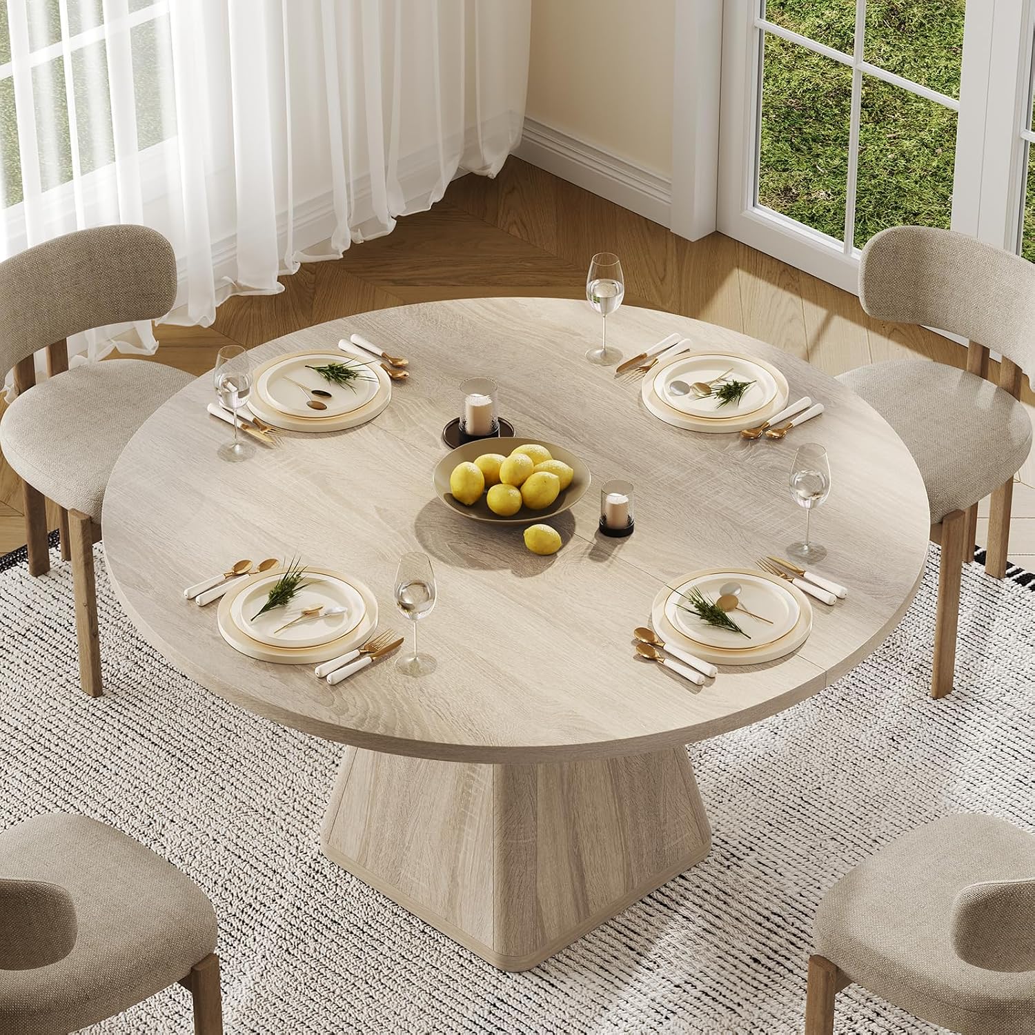 47 Inch Round Dining Table for 4-6, Circle Kitchen Table with Thickened Tabletop, Modern Dining Room Tables with Square Pedestal Base, Dinner Tables for Kitchen Small Space, Oak (Table Only)