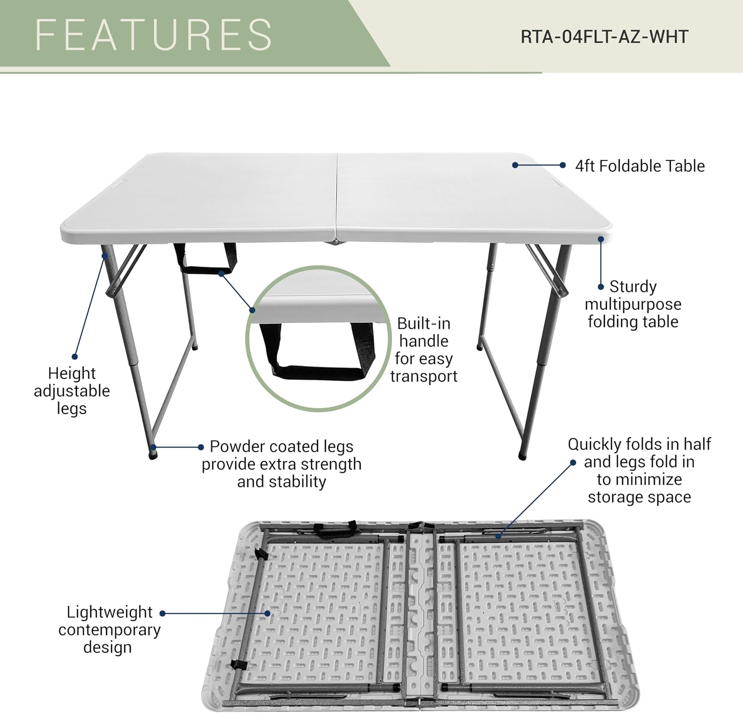 Height Adjustable 4 FT Granite White Folding Table – Premium 4 Foot Folding Table Ideal for Camping, Picnic, Party or as Kids Table