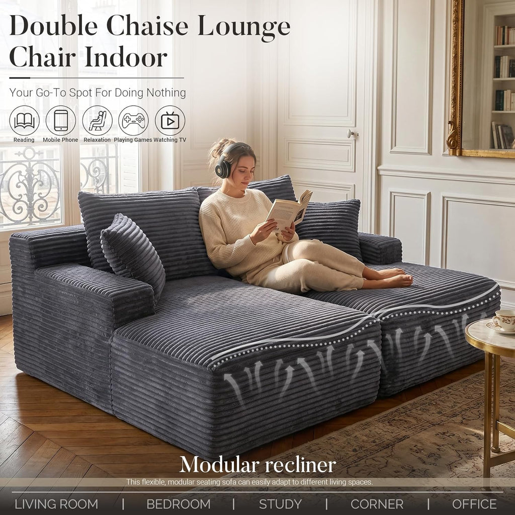 80" Boneless Chaise Lounge Chair Indoor, Double Chaise Lounge Chairs Indoor,Boneless Loveseat Chairs with Comfort Corduroy, No Assembly Required/40D Memory Foam/Living Room/Bedroom (Grey)