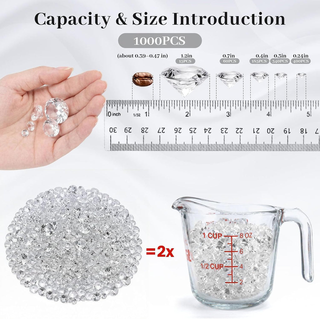 DomeStar 1,000PCS Diamond Decorations, Clear Fake Diamonds Vase Fillers Acrylic Crystal Gems for Wedding Table Scatters Party Decor(0.24-1.2inch)
