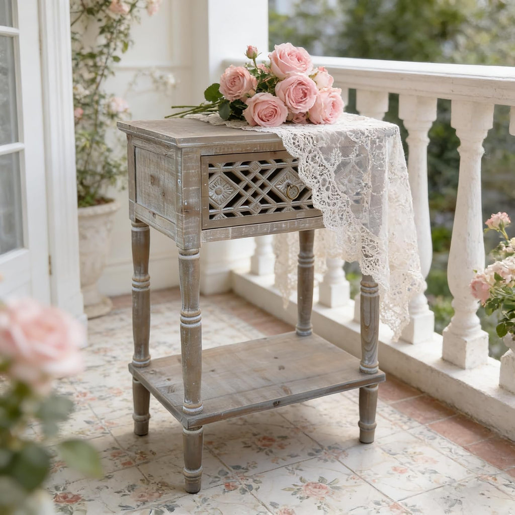 PARISLOFT Vintage Wood End Table,Farmhouse Style (Dark Gray)