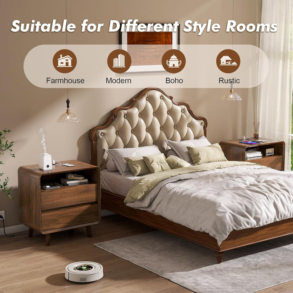 Nasonet Mid Century Modern Nightstand with Charging Station, Wood Bedroom End Tables Set of 2 Nightstands with Drawers, Bedside Table for Living Room, Curved Profile Design, Walnut