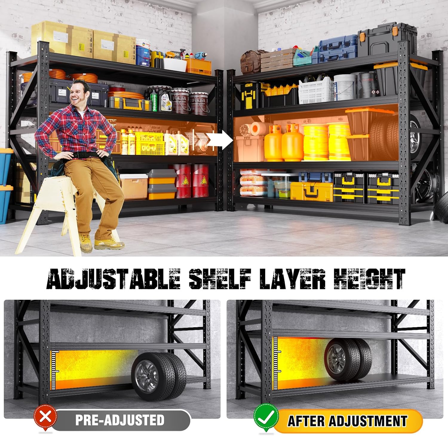 79"W Garage Shelving,8000lb Heavy Duty Storage Shelves,Industrial Metal Storage Shelving,Easy to install Standing Garage Shelf,4 Tier Adjustable Shelving Unit for Warehouse,Basement,74"H x 79"W x 24"D
