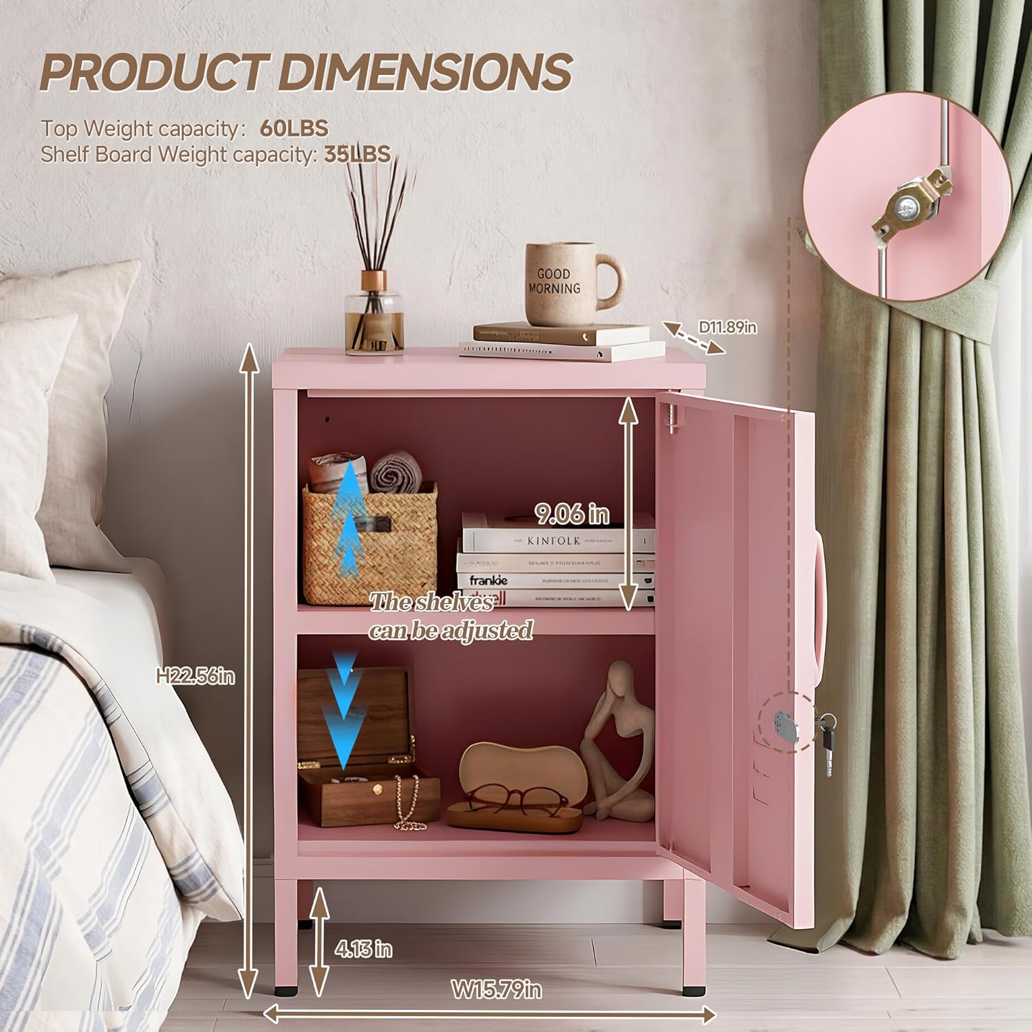 Lockable Metal Nightstand with Door, Industrial Storage Locker End Table, Small Bedside Table for Bedroom Living Room Dorm, Pink